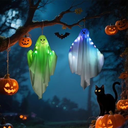 2 Pcs Halloween Hanging Ghost Decorations with Color-Changing Lights & Auto-Timer