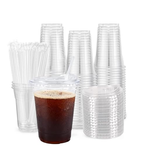 50 Pack Clear Disposable Plastic Cups with Lids and Straws - 20 oz Party Tumblers
