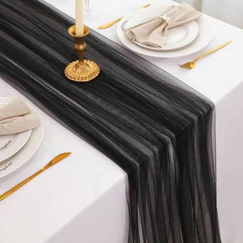 Snowkingdom Black 10FT Sheer Tulle Table Runner for Wedding & Party - Boho Cheesecloth Decoration