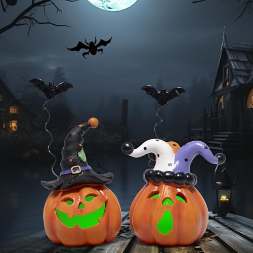 Halloween Pumpkin Decor Set with Light - Resin Jack O Lantern Figurines for Home & Party