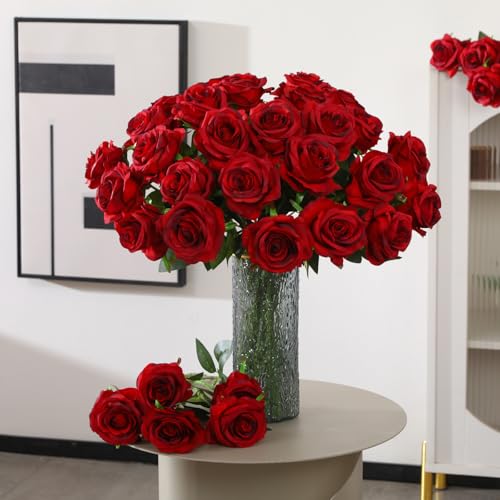 Artificial Silk Roses Bulk Bouquet - Burgundy, 50 Long Stem Fake Flowers for Wedding & Home Decor
