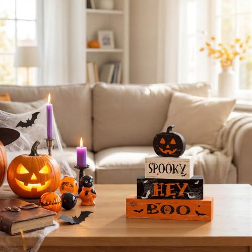 Halloween Wooden Block Decor Set - Spooky Boo Variant, Jack-O'-Lantern Pumpkin
