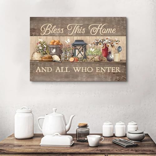 Bless This Home Farmhouse Wall Art Sign - Rustic Kitchen Decor 16x24 Inches