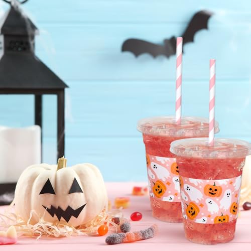 Pink Halloween Disposable Plastic Cups with Lids and Straws - 50 Pack, 12 oz