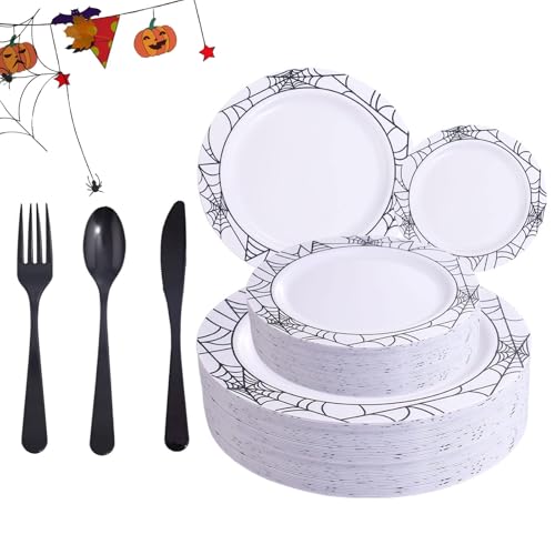Halloween Plastic Dinnerware Set with Spider Web Design - 125 Pieces