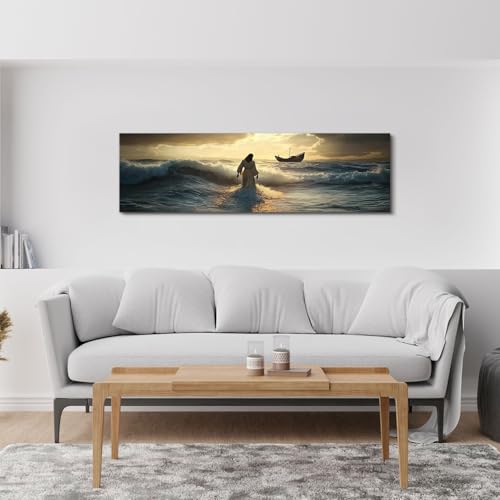 Jesus Walking on Water Canvas Wall Art - 14x48 Inch Religious Home Decor - Variation: Jesus01