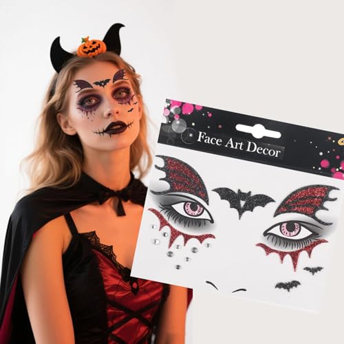 Halloween Face Tattoo Bat Face Stickers with Rhinestones & Glitter - Variation 07.Halloween A