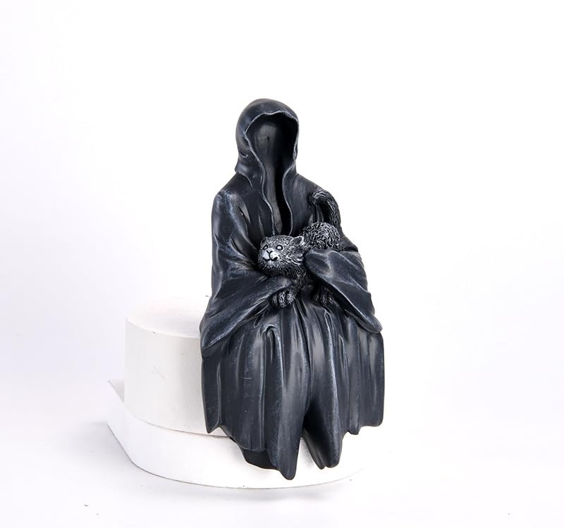 Gothic Death Sitting Statue with Full Cat - Dark Themed Resin Sculpture for Halloween & Decor