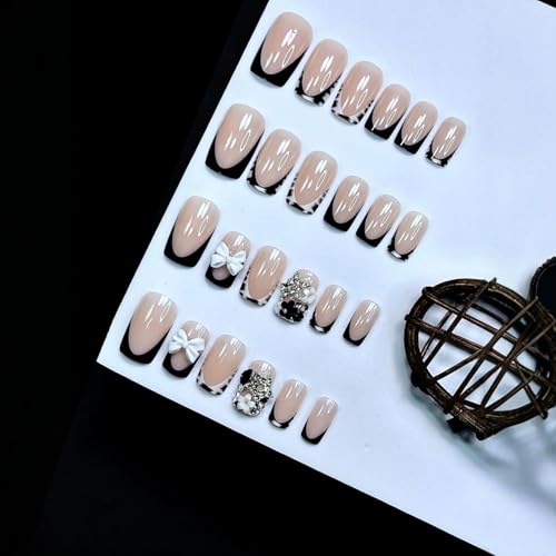 Colorful 8-Piece French Tip Press-On Nails Short Square Fake Nails with Bow Flower Rhinestones