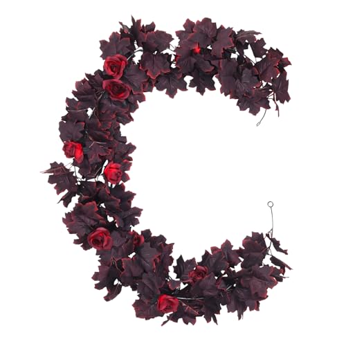 Fall Leaves Garland with Burgundy Maple & Black Rose Accents - 11.4ft Decorative Vine