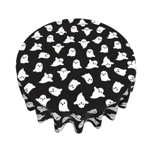 Halloween Round Tablecloth 60 Inch Black & White Ghost Design - Reusable Table Cover for Home & Parties - Cute Ghost Variation