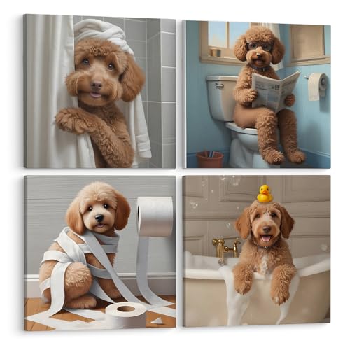 Golden Doodle Bathroom Wall Art Set of 4 - Funny Dog Canvas Prints, 8x8 Inches - Golden Doodle3 Variation
