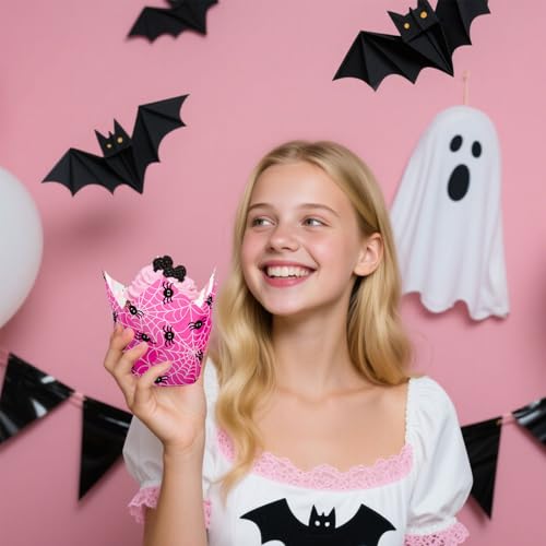 Halloween Cupcake Liners Set - 200 Tulip Shaped Baking Cups with Pumpkin Ghost Bat Designs