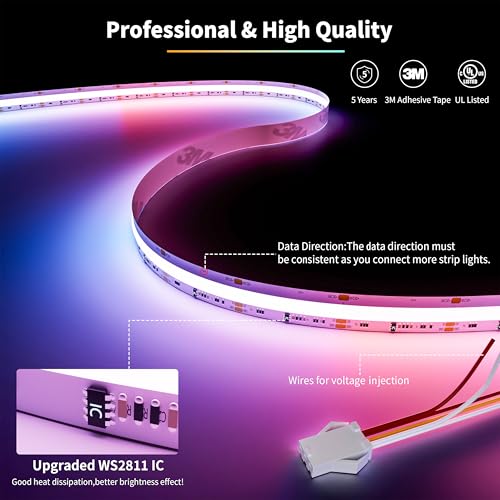 24ft RGB Smart IC COB LED Strip Light - Addressable Multicolor Tape - Chasing Color, Flexible, 720 LEDs/m, Without Controller & Adapter