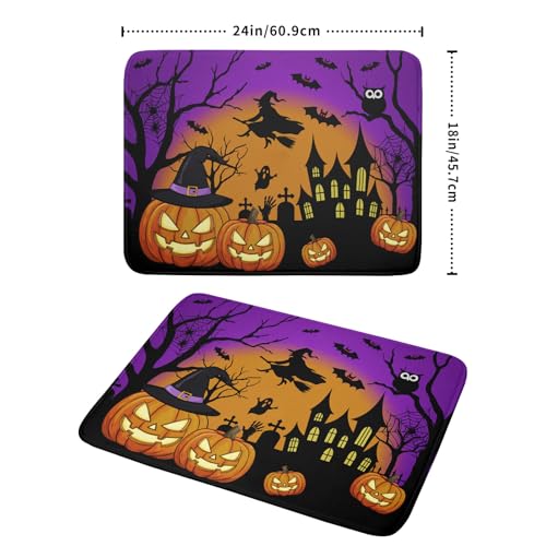 Halloween Pumpkin Dish Drying Mat for Kitchen Counter 18x24 Inch with Witch Ghost Castle Design - Purple Microfiber Drainer Mat