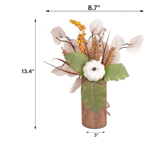 White Fall Centerpieces for Tables Set of 2 - Autumn Pumpkin Eucalyptus Decor