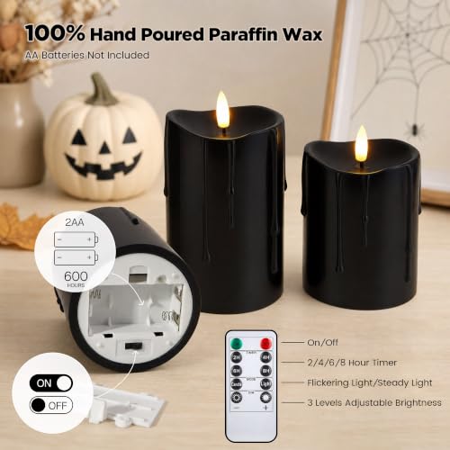 Velsyn Black Flameless Pillar Candles with Remote Set of 3 - Halloween Decor