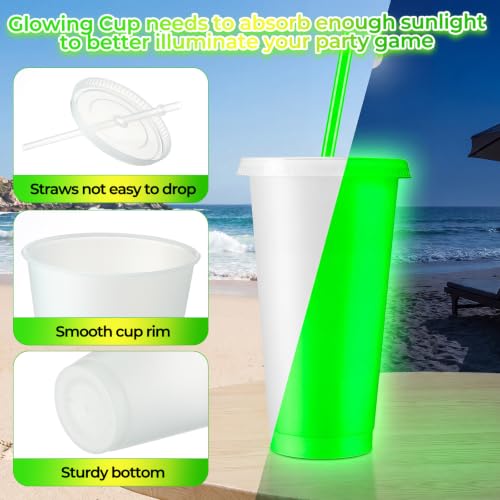 Glow in the Dark Plastic Cups with Lids & Straws - 24 oz, Fluorescent Green, 45 Pack - Halloween Party Supplies