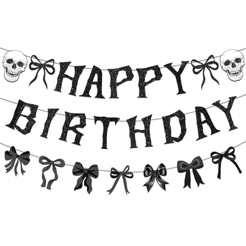 Gothic Black Bow Birthday Party Decorations Kit - Skeleton Banner & Garland
