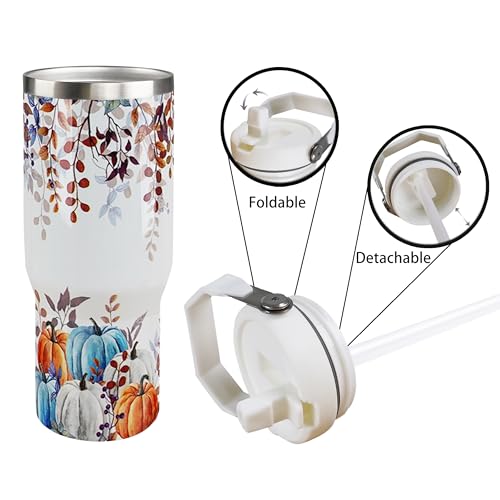 30oz Fall Tumbler with Handle & Flip Straw - White Blue Pumpkin & Maple Leaf Design