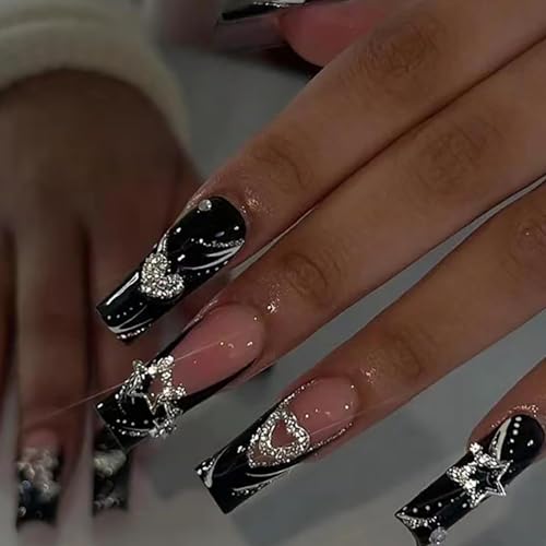 Black Long Press-On Coffin Fake Nails with Crystal Heart – 24 Pack