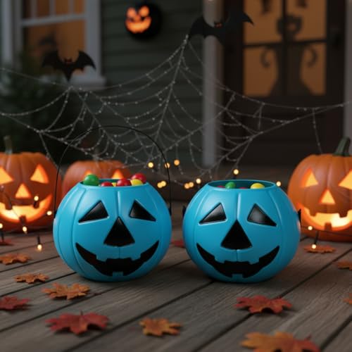 Blue Halloween Pumpkin Candy Bucket with Handle - 8.3 Inch Trick or Treat Toy
