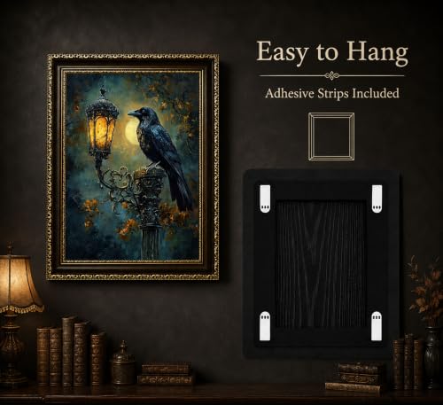 Gothic Black Raven Canvas Wall Art - Framed 16x12 Inches - Dark Decor