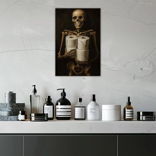 Halloween Skull Wall Art Canvas Print - Funny Skeleton with Toilet Paper, Framed 16x24 Inches - Variation Artwork-8