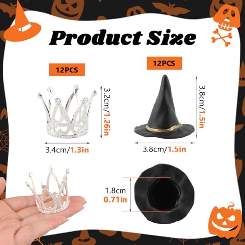 Halloween Witch Hat & Silver Crown Cake Topper Set - 12 Black Wizard Hats + 12 Silver Crowns