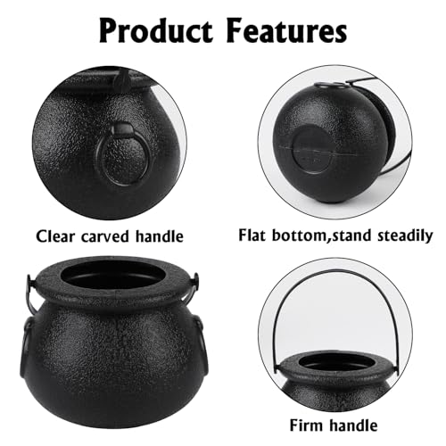 Assorted Size Black Candy Cauldron Set - 8 Mini & 1 Large Halloween Buckets with Handles