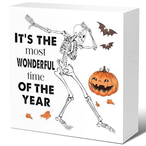Autumn Wooden Block Sign - Skeleton Pumpkins Fall Halloween Decor - Most