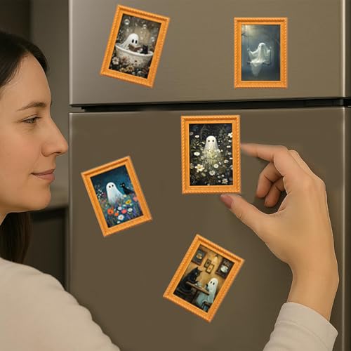 Halloween Refrigerator Magnets - Vintage Wooden Ghost & Cat Design - Style 1 - 6 Pcs