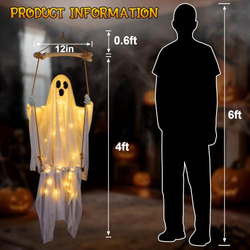 Halloween Decorations Outdoor 4.6FT Hanging Swing Ghost with 8 Light Modes - Yard Porch Decor