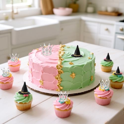 Halloween Witch Hat and Crown Cupcake Toppers Set - 12 Pcs Food-Safe Decorations