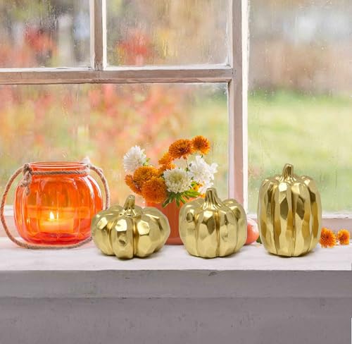 Gold Pumpkin Decor Set - Fall Thanksgiving Table Centerpieces, 3 Pcs