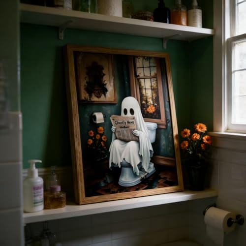 Ghost Reading Newspaper Wall Art - 10x8 Inch Framed Halloween Bathroom Decor - Whimsical Ghost Wall Print