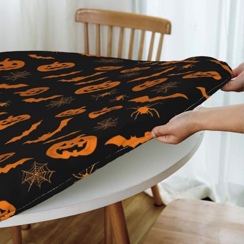 Halloween Pumpkin Bats Pattern Round Tablecloth - Fitted, Washable, 50"