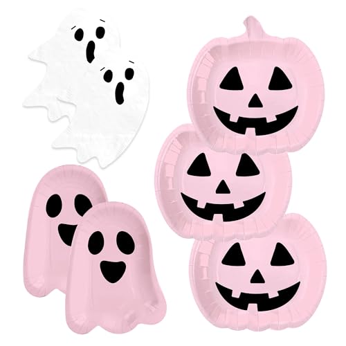 Pink Pumpkin Ghost Halloween Paper Plates Napkins Party Tableware Set - 100pcs (Variation: Pink Pumpkin)