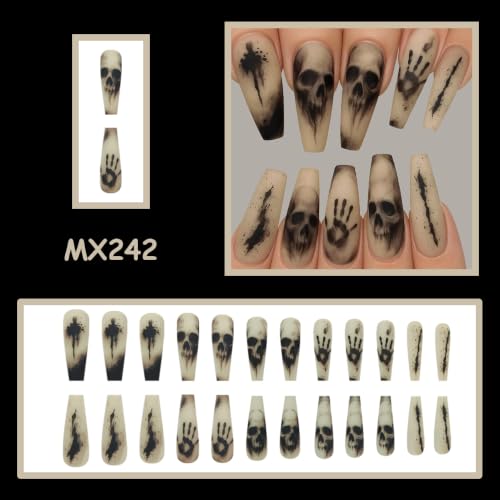 Halloween Matte Coffin Fake Nails with Skull & Shadow Design - Style 878, 24 pcs