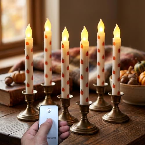 Pumpkin Flameless Taper Candles with Remote Control - 6-Pack Autumn Decor