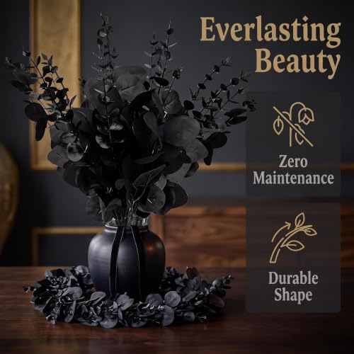 Black Artificial Eucalyptus Stems Set - 120 Pcs Dark Gothic Faux Foliage for Halloween & Industrial Decor - Variation: Black / 120
