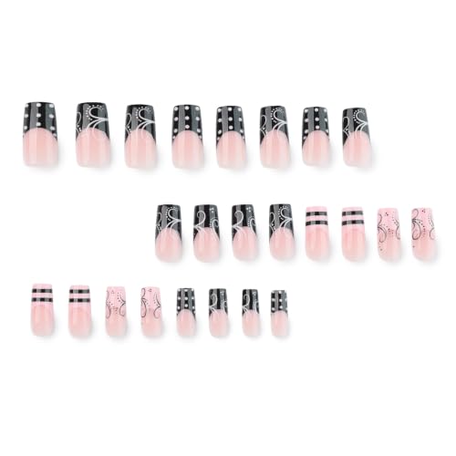Pink Press On Nails Medium Length Square Black French Tip Vine Design - Variation A62