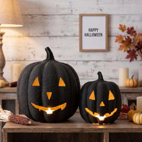 Halloween Paper Mache Jack O'Lantern Set - Black, 2 Indoor Pumpkins with LED Lights