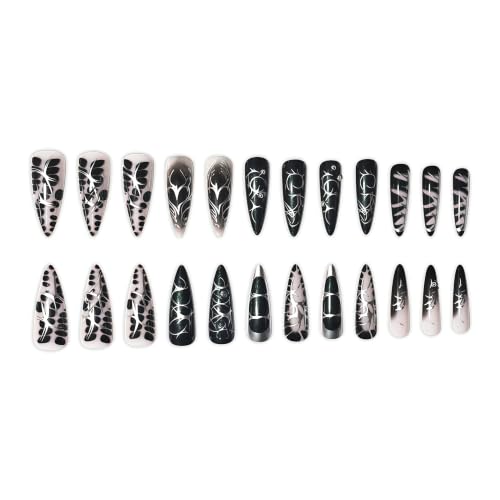Halloween Long Stiletto Press-On Nails - Black Goth Fake Nail Set 24pcs - Multicolor-007211
