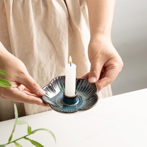 Blue Ceramic Flower Candle Holder - 4.7 Inch Tabletop Tray for Home Decor