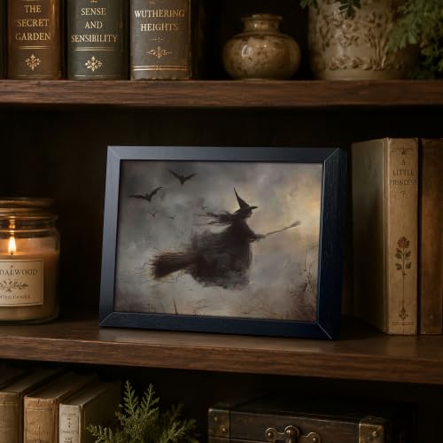 Halloween Wall Art - Framed Witch Riding Broom Canvas Decor 8x10 Inch Variation C