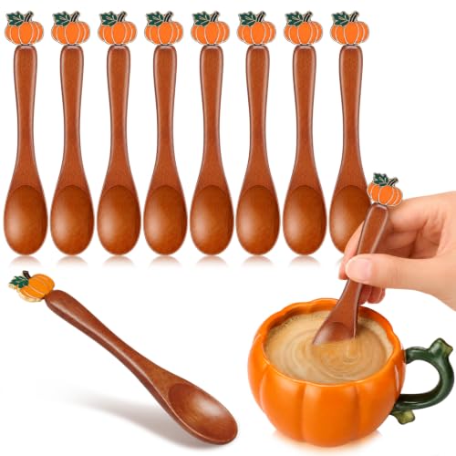 8 Pcs Fall Pumpkin Wooden Coffee Spoons - Small Tea Stirring Utensils with Autumn Decor