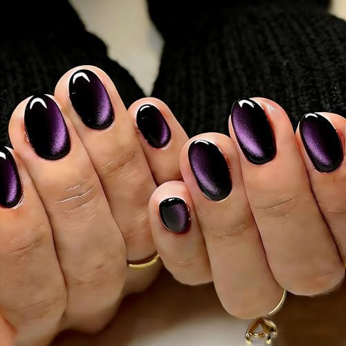 Cat Eye Press-On Nails Short Oval - Black Purple Glitter Chrome Finish, 30 Pcs, Reusable