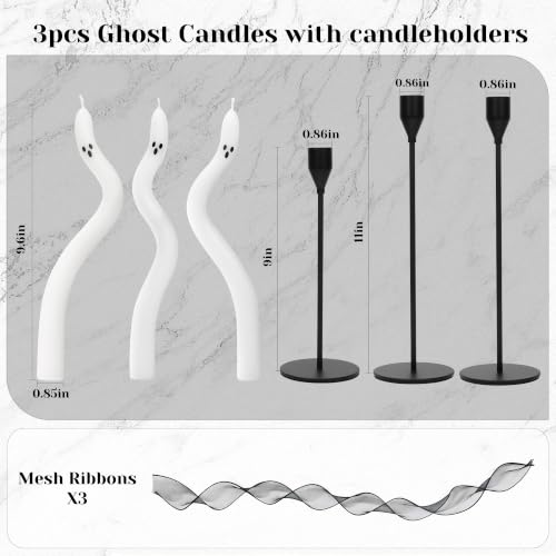 Ghost Candles with Candleholder - 3pcs Halloween Indoor Decor Set with Ribbons