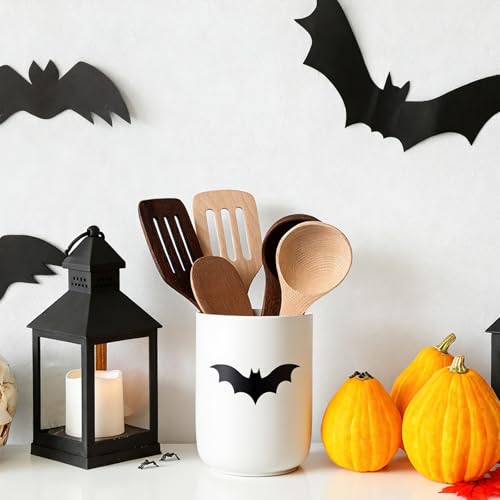 Halloween Bat Ceramic Utensil Holder - Gothic Kitchen Countertop Organizer with Customizable Sticker - Farmhouse Decor